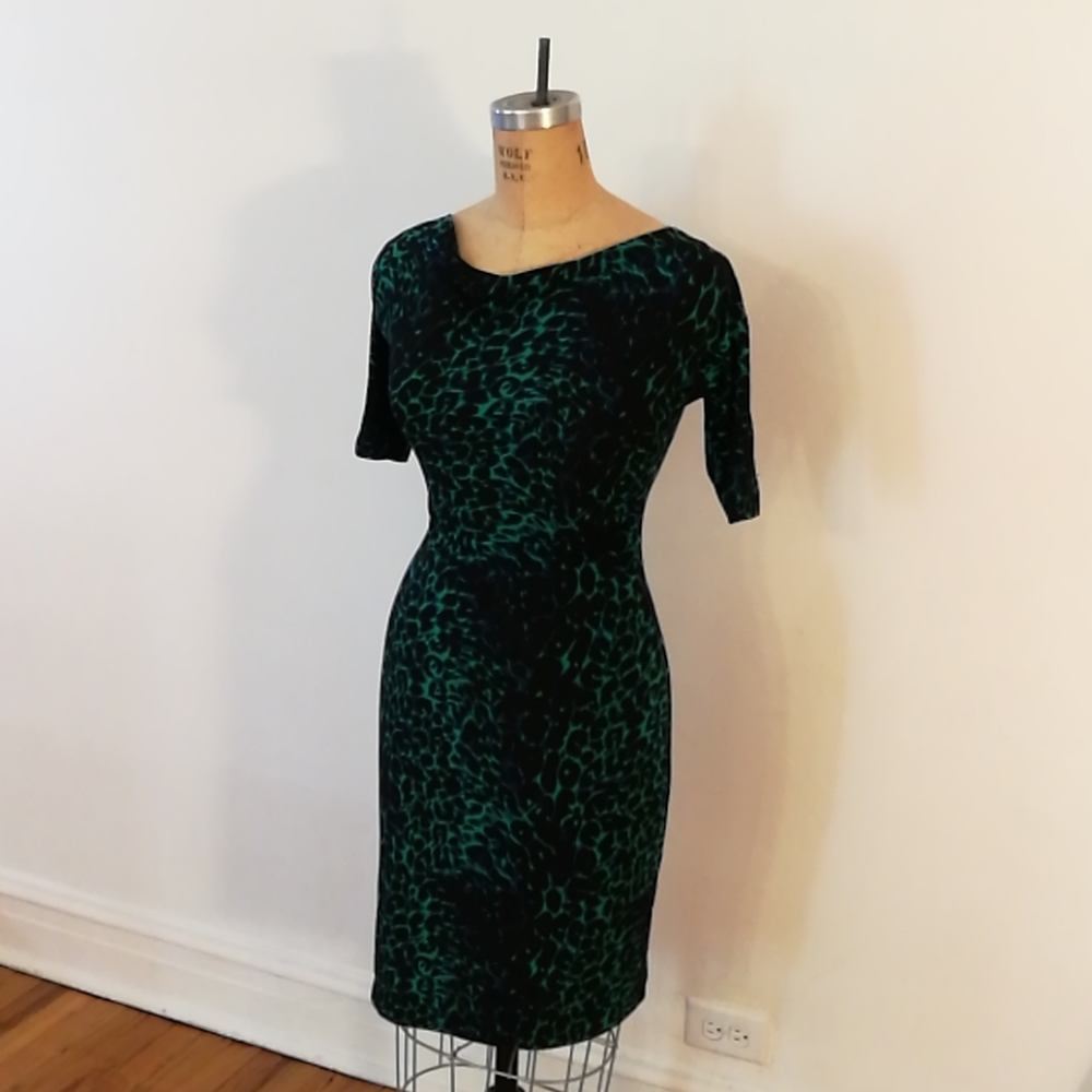 BCBG MaxAzria XXS Blue Green Cheetah Leopard Dress - Picture 3 of 16